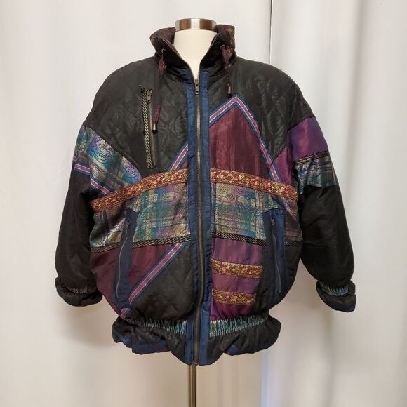 Vintage 80s Retro ELCO Down Filled Iridescent Floral Patchwork Puffer Jacket Lg - Picture 1 of 14